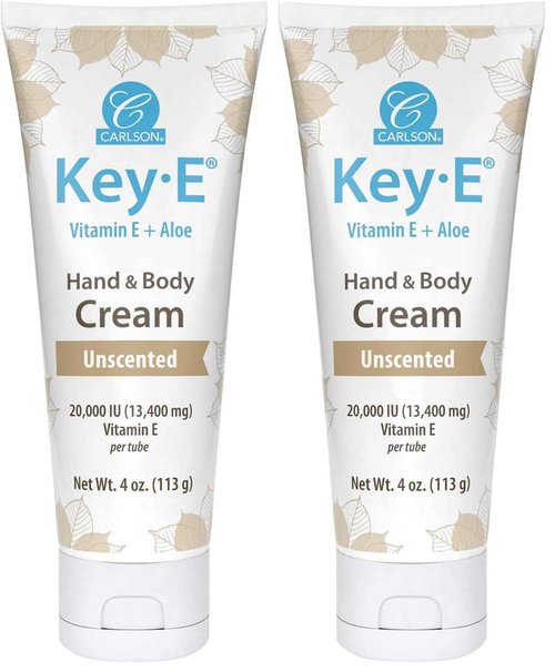 Carlson - Key-E Hand & Body Cream, Vitamin E & Organic Aloe, 20000 IU Vitamin E, Fragrance-Free, 4 oz (Pack of 2)