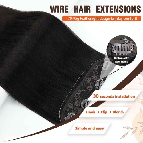 Invisible Wire Hair Extensions Real Human Hair - 12 Inch 70G Light Brown Transparent Fish Line Clip-Ins Hair Piece, 100% Remy Human Hair Extensions for Women