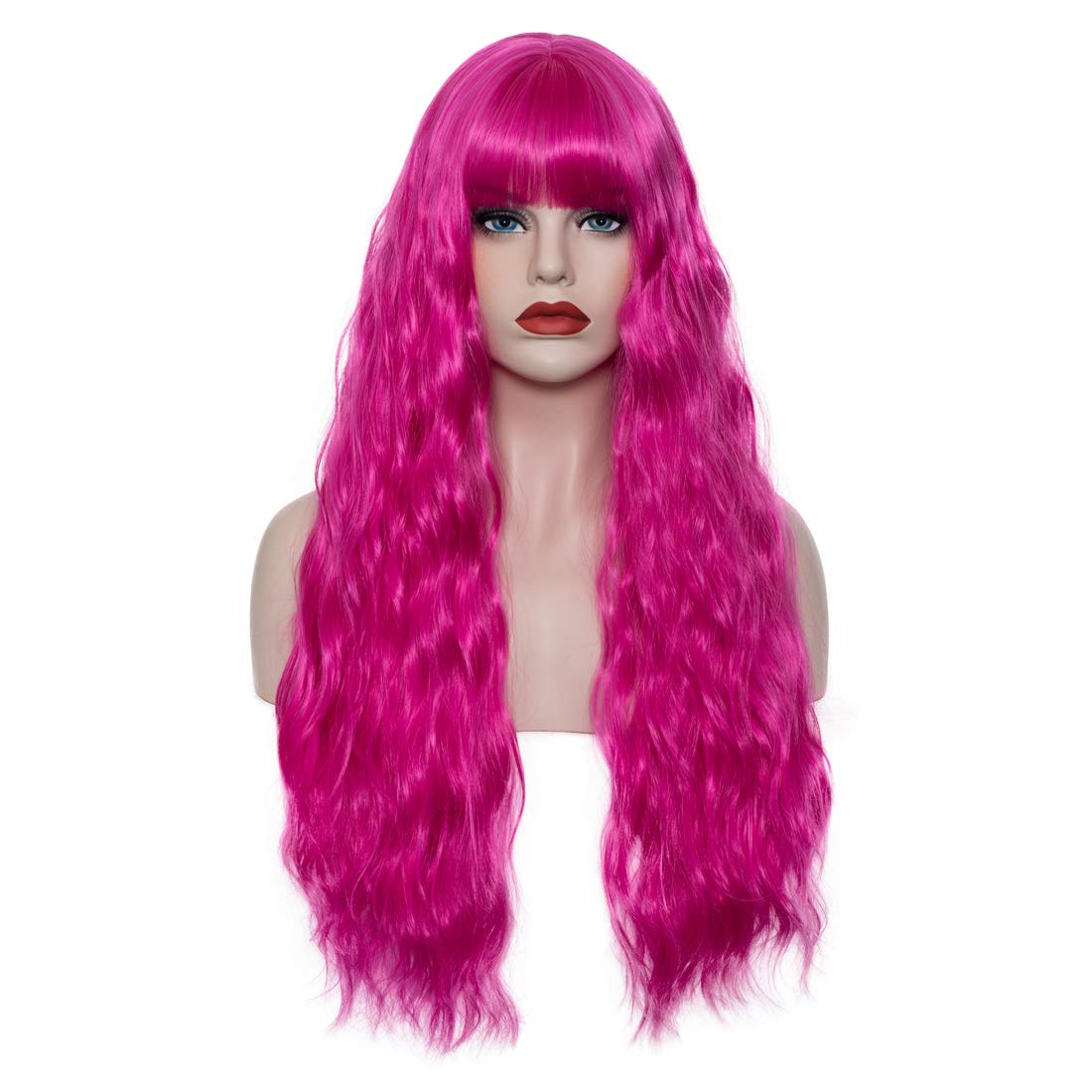 WGPFWIG Women's Hot Pink Wig 27 Inches Long Curly Wavy Hair Wig Heat Resistant Fibers Synthetic Wig For Women Girl Cosplay Party Halloween Wig Cap Included (Hot Pink)