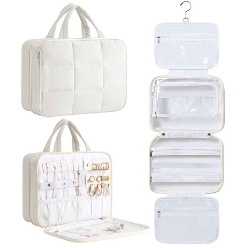 HBlife Travel Toiletry Bag with Jewelry Organizer for Women, Puffy Hanging Travel Bag for Toiletries with Trolley Belt, Waterproof Makeup Cosmetic Bag, Travel Accessories Essentials(Beige, L)