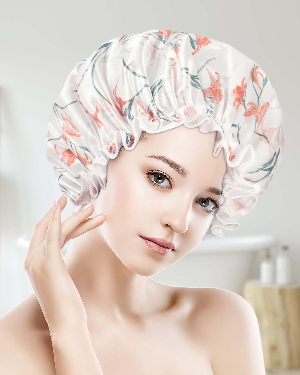 Aquior Shower Cap for Women, Reusable Shower Caps Double Layer Waterproof Womens Girls Adult Hair Cap for all Hair Lengths with EVA Lining, Soft Shower Caps for Long Thick Hair