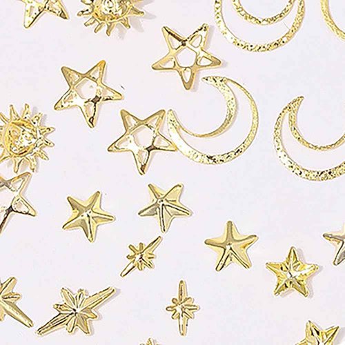 450pcs Sun Moon Stars Gold Nail Charms, 12 Grids/Box Metal Rivets Nail Art Charms 3D Star Charms for Nails Design Alloy Nail Studs Nail Jewelry Starlight Nail Charm Nail Jewels for Nail Art Supplies