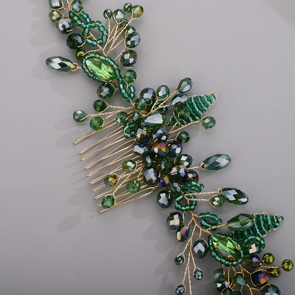 BERYUAN Cute Beads Hair Comb for Bride Women Girls Crystals Hair Comb Multi-Color Beaded Hair Comb Green