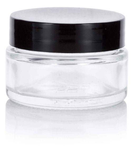 Clear Glass 0.50 oz / 15 ml Low Profile Thick Wall Balm Jars with Black Smooth Foam Lined Lids (12 PACK)