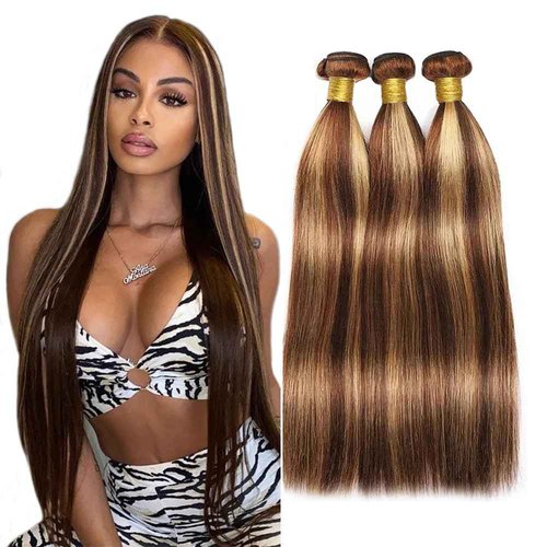 Ombre Bundles P4/27 Human Hair Bundle Honey Brown Straight Bundles 16 16 16 Inch Unprocessed Brazilian Remy Hair Extensions Healthy And Soft Double Weft Quick Weave Deals