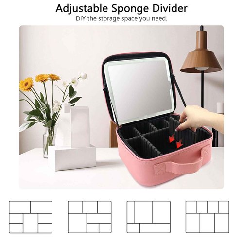 SLUMAZI Travel Makeup Bag with LED Mirror Travel Makeup Organizer with 3 Lighted Settings, Adjustable Dividers and Makeup Brush Storage Bag Pink