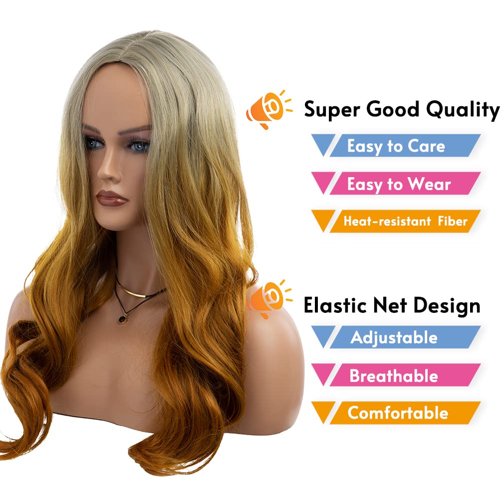 Beweig Long Curly Wavy Silver Grey to Yellow Wig Middle Part Natural Looking Synthetic Synthetic Heat Resistant Fiber Wigs for Women