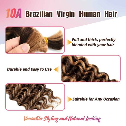 Human Braiding Hair, 2 Bundle 100g 16 Inch Boho Braids Human Hair 12A Deep Wave Bulk Brazilian Virgin No Weft Wavy Hair Extension for Boho Knotless Balayage Brown to Blonde
