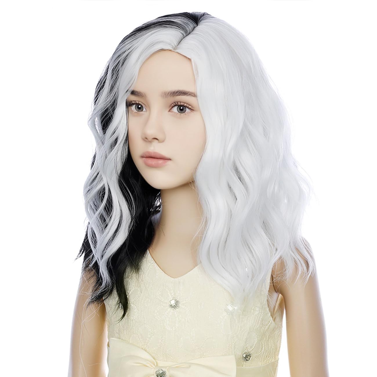 DUDUWIG Girls Black and White Wig Kids Short Half Black and Half White Wavy Curly Bob Wig Children Black White Wig for Halloween Cosplay