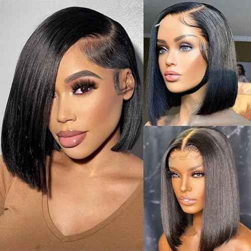 Wear and Go Glueless Bob Wig Human Hair Pre Plucked Pre Cut 4x4 HD Transparent Lace Front Wigs for Black Women Straight Short Bob Wigs Human Hair 180 Dentisty Natrual Color 12 Inch