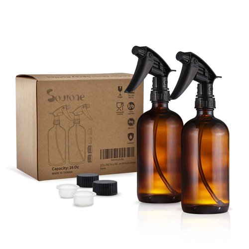 SOUL ONE 16 oz Refillable Amber Glass Spray Bottles with Adjustable Nozzles- 2 pack, Squirt Bottles for Cleaning Solutions, Essential Oils, Plants, Hair Misting - Ideal for Hydrogen Peroxide Storage