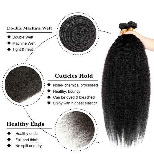 Human Hair Bundles Kinky Straight Bundles 16 18 20 Inch Unprocessed Brazilian Virgin Hair Weave 3 Bundles Yaki Straight Human Hair Extensions 50 Grams Per Bundle #1B Natural Color Bundle