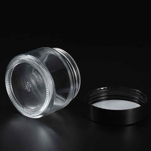 OverNews 2oz Glass Jar Travel Size, 4PCS Empty Cosmetic Lotion Container with Black Lid & Spatula, Small Mini Jar for Beauty (Clear)