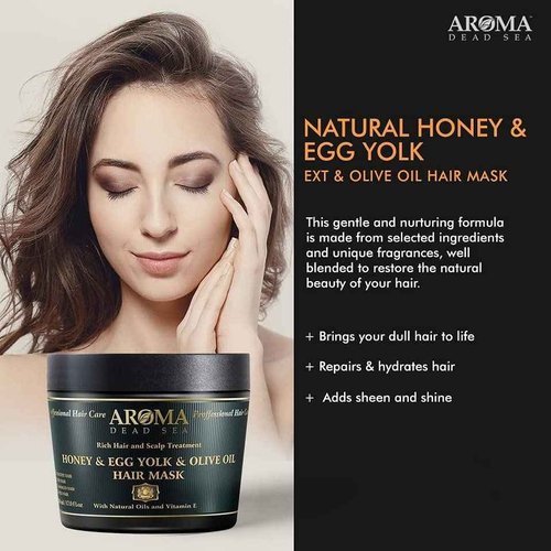 AROMA DEAD SEA Honey Egg Yolk & Olive Oil Hair Mask - Ultimate Dry & Damaged Hair Rescue, Intensive Conditioning Treatment Revives, Strengthens & Restores Softness, Shine & Elasticity / 16.9 fl.oz