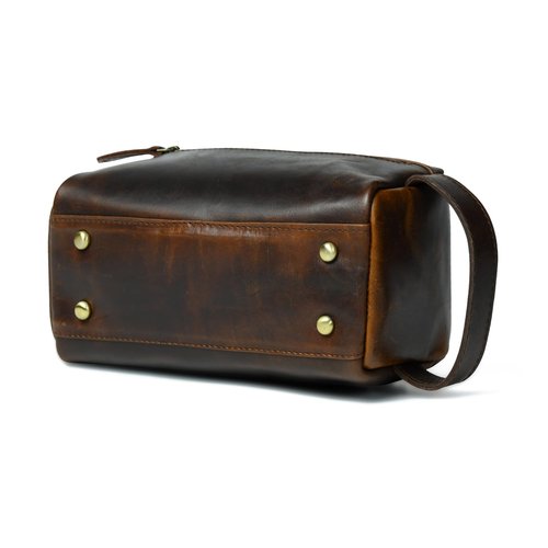 Leather Toiletry Bag for Men – Handmade Travel Kit, Small Leather Shaving & Toiletry Organizer, Durable Waxed Canvas Lining (Brown)