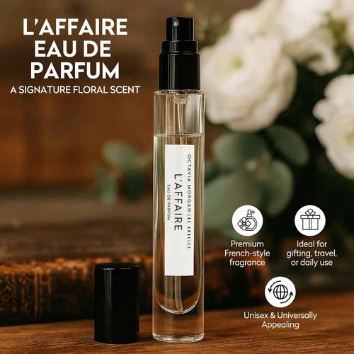 OCTAVIA MORGAN L’AFFAIRE Eau de Parfum - Floral Sweet Fragrance with Jasmine, Saffron, Amberwood & Vegan Ambergris - Travel Size Clean, Vegan & Long-Lasting Spray Perfume for Women & Men - 10ML