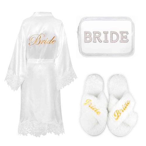 Hazms 3 Pcs Bride Robe for Wedding Day Set with Makeup Bag, Slippers, Lace Trim White Robe -Short Getting Ready Wedding Robes Bridesmaids Bride Gifts