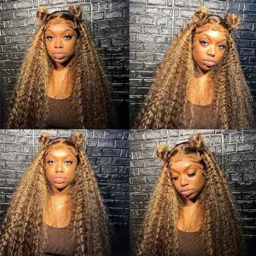 13x4 HD Lace Front Wigs Human Hair 4/27 Deep Wave Wigs for Black Women Ombre Honey Blonde Curly Lace Frontal Wig Human Hair Pre Plucked 180% Density with Baby Hair (30 Inch)