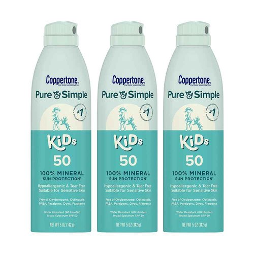 Coppertone Pure and Simple Kids Sunscreen Spray SPF 50, Zinc Oxide Mineral Sunscreen for Sensitive Skin, Hypoallergenic and Tear Free, 5 Oz Can, Pack of 3