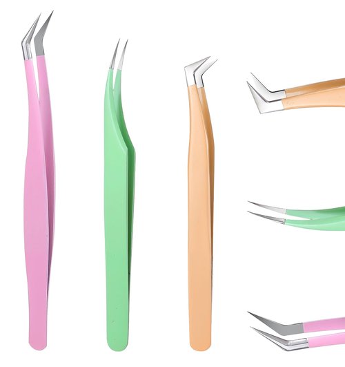 3Pcs Eyelash Tweezers for Extensions, High Precision Fiber Tip Lash Tweezers Eyelash Extension Tweezer for Lashes Curved & Volume Pinzas Kit for Lashes, Professional Use, Pink Purple Green