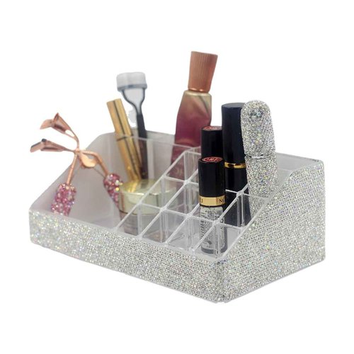 Bestbling Bling Rhinestone Luxury Multi-Functional Acrylic Transparent Makeup Organizers Display Rack -Large Capacity Cosmetic Organizer, Storage, Box & Desktop Lipstick Holder (Silver)