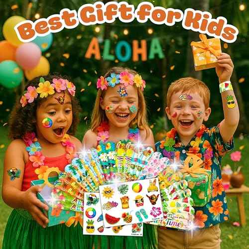 48PCS Hawaiian Party Set - 24PCS Temporary Tattoos & 24PCS Slap Bracelets - Summer-Themed Birthday Supplies, Baby Shower Gifts, Classroom Rewards & Party Decor for Kids (Boys & Girls)
