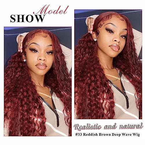 Reddish Brown Deep Wave Lace Front Wigs Human Hair 33b Colored 13x4 HD Lace Frontal Wig for Women 180% Density Auburn Glueless Curly Wig Pre Plucked 20 Inch