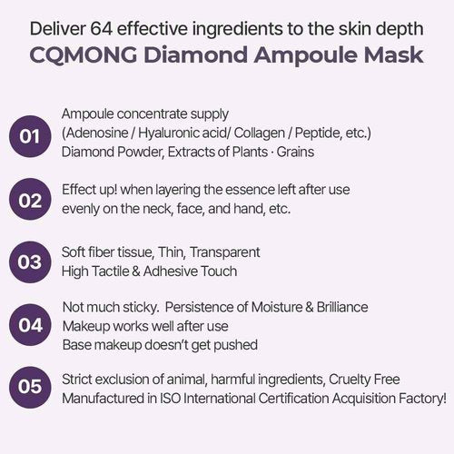 CQMONG Diamond Ampoule Sheet Mask (30g x 10pcs), Korean Face Facial Masks, Glossy & Elastic Skin, Hydrating, Soothing, Nourishing, Collagen & Hyaluronic Acid, Smooth Sheet