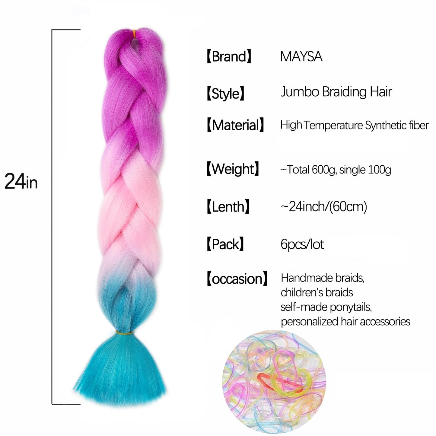 MAYSA Pink Ombre Braiding Hair, Rainbow Braiding Hair Extensions, 6Pack 24inch Soft Synthetic Pre stretched Braiding Hair Extensions for Kids #Rose-Pink-Teal