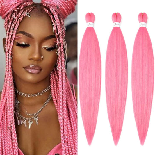 Braiding Hair Pre Stretched 14 inch 3 Packs Ombre Braiding Hair Professional Yaki Synthetic Hot Water Setting, Easy To Install Hair for Braiding(14in,Pink)