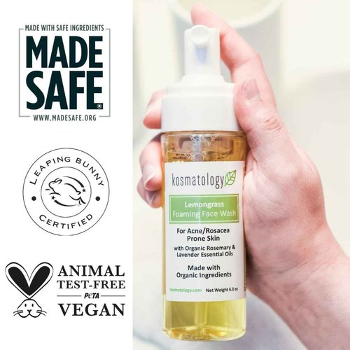 kosmatology Lemongrass Organic Foaming Face Wash – 6 fl oz | Natural Acne Treatment for Oily & Rosacea-Prone Skin | Gentle Cleanser with Rosemary & Lavender | Vegan & Cruelty-Free