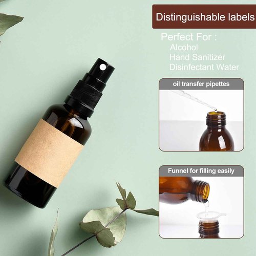 4 oz Amber Glass Spray Bottles - Small Empty Fine Mist Spray Bottle for Essential Oil,Face - Mini Dark Spray Bottles with,Included 4 Sprinkler, 1Funnels,1 Droppers, 4 Labels