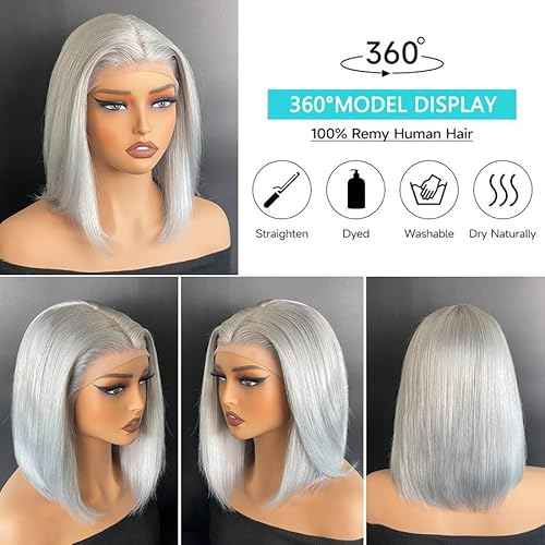 Silver Grey 13x4 Lace Front Bob Wig Brazilian Virgin Human Hair Wig Pre Plucked Hairline with Baby Hair UHD Transparent Lace Natural Looking Bleach Knots Glueless Wigs for Women 180% Density 10 Inch