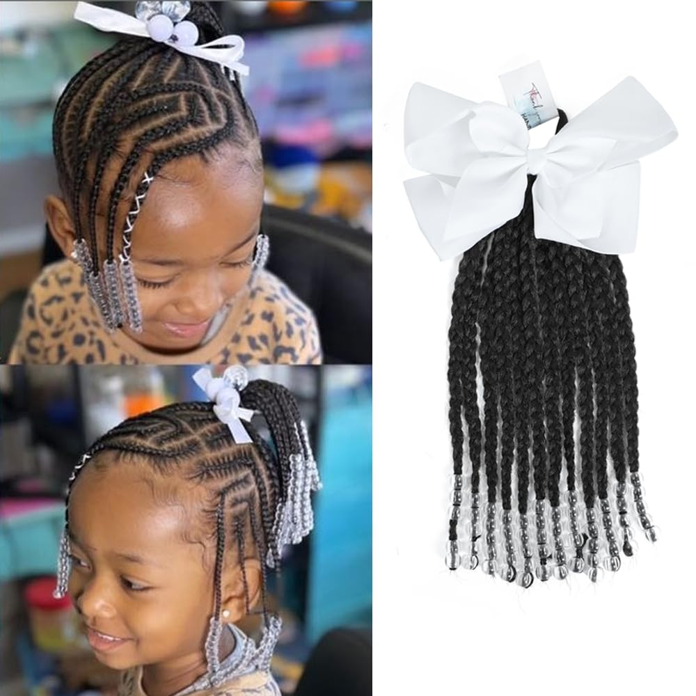 Kids Ponytail With Beads Braids Hair Extension Detachable Synthetic Curly Hairpieces With Bows Protective Easy Hairstyle For Girls Toddlers Children Gift (Box-9inch, Transparent Beads)