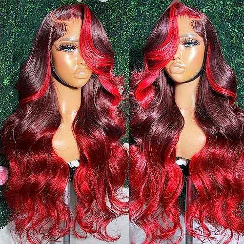 YMS Ombre Red HD Lace Front Wigs Human Hair Pre Plucked 180% Density Black and Red Human Hair Wigs for Women Body Wave Colored Skunk Stripe Glueless Wig Real Hair 20 Inch Transparent Lace Frontal Wig