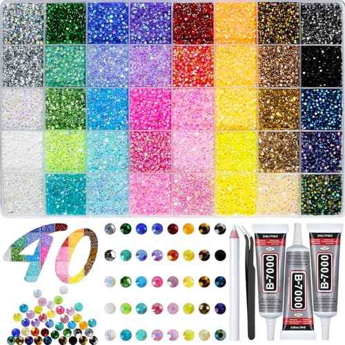 40000+Pcs Resin Jelly Rhinestones for Bedazzling, 3mm Multicolor Flat Back Gems Bedazzler Kit with 3Pcs 10ml B7000 Jewelry Glue, Colorful Bulk Jewels for Book Shoes Crafts Tumblers Nail Art DIY