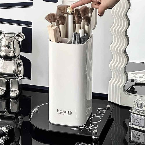 Esdallina Automatic Lifting Makeup Brush Holder with Lid Dustproof Cosmetic Organizers for Vanity-White