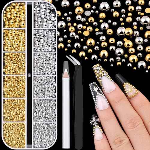 Silver and Gold Nail Charms and Gems, 1.5-5mm Half Round Flatback Nail Pearls Ball Beads for Nails with Pickup Pencil and Tweezers, Pearl Nail Charm Rhinestones for Crafting Face Hair Manicure DIY