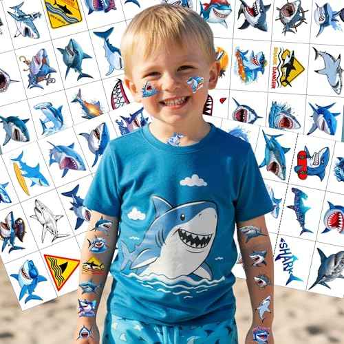 Shark Temporary Tattoos | Ocean Themed Shark Party Decorations Birthday Party Favors Supplies Accessories Stickers Under The Sea Themed Gift Idea For Kids Teen Boy Girl Adult 60Pcs 4 Sheets Pre-cut