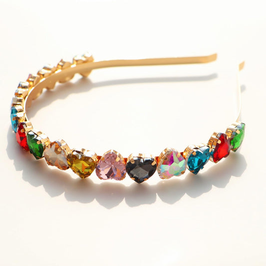 Crrezhai Fashion Heart Rhinestones Headband Colorful Women Rainbow Crystal Beaded Headpiece Party Wedding Hair Hoop Band