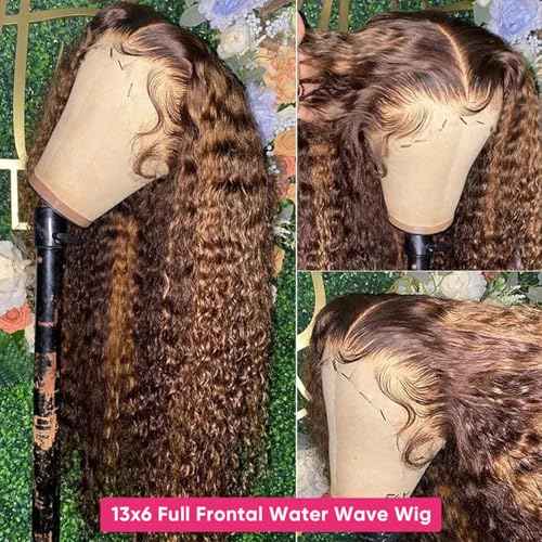 Honey Blonde Ombre Highlight 13x6 Full Lace Frontal Wigs Human Hair 200 Density Water Wave 13x6 HD Transparent Lace Front Wigs Pre Plucked #4/27 Colored Human Hair Wig for Women 24 Inch
