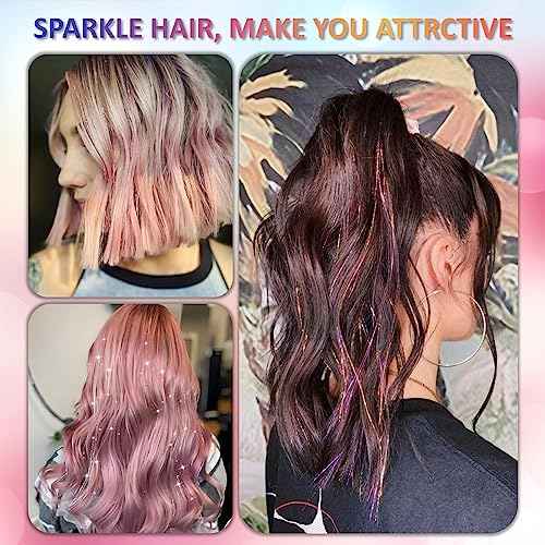 Pink Fairy Hair Tinsel Kit 48 Inches 1200 Strands with Tools and Instruction Easy to Install Glitter Tinsel Hair Extensions for Women and Girls£¬Shinny Sparkling Braiding Hair Accessories for Halloween Cosplay Party