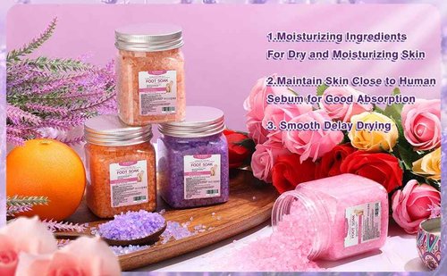XIWEIOO 4 Pack Foot Soak Salts Kit Himalayan Pink Salt Tea Tree Oil Lavender rose Pure Epsom Salt Soak Pedicure Salt Softens Calluses & Soothes Foot Care Gifts for Mom women