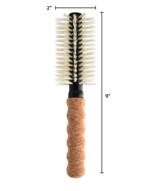 Nylon Boar Bristle Hair Brush, Round Brush for Blow Drying, Small 2" Barrel Blowout Brush, Anti Static Hairbrush, Cork Comfort Grip Handle, Detangling Plastic/Natural Bristle Hair Styling Tool