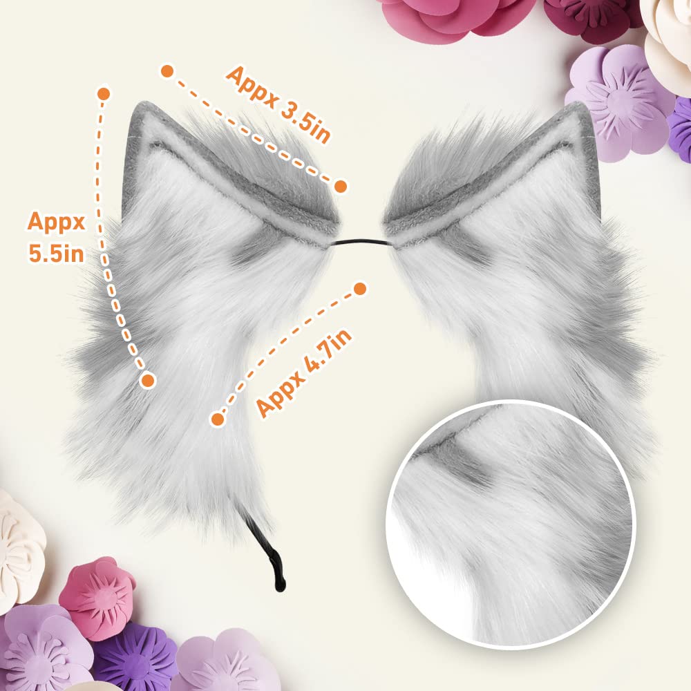 GaliaFaya Cat Wolf Fox Dog Ears Headband Handmade Long Faux fur Cosplay Halloween Costume Party (Grey and White)