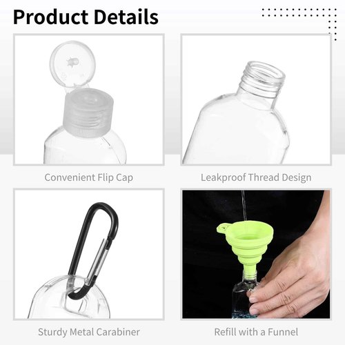 60 PCS Keychain Empty Hand Sanitizer Bottles - 1.7 oz Portable Keychain Travel Bottles, Empty Squeeze Plastic Bottle with Flip Cap, Refillable Containers with 2 Foldable Funnels for Shower Gel Lotion