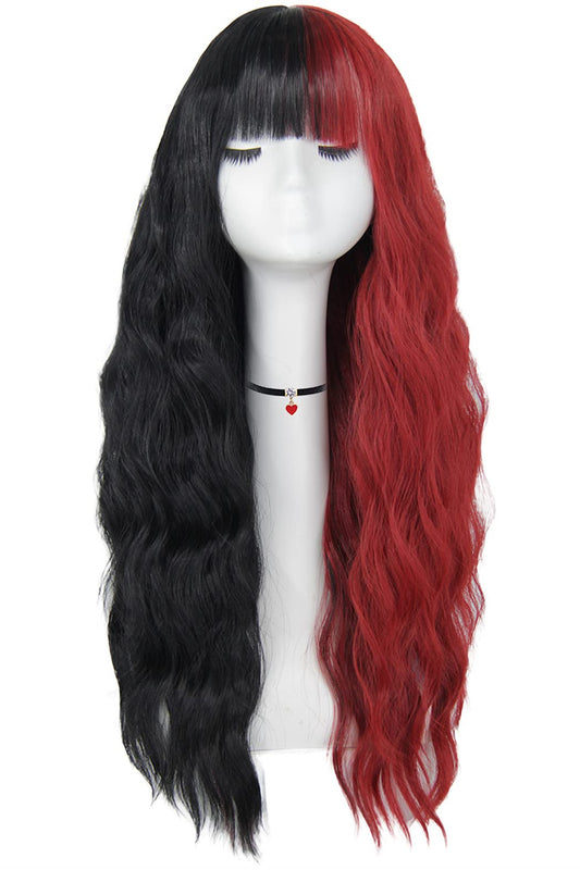 Mildiso Red and Black Wigs for Women 26’’ Long Curly Wavy Hair Wig with Bangs Natural Cute Synthetic Wig with Wig Cap for Party Halloween M062BKR