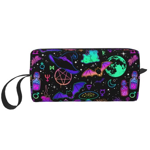 JKJOJIA Witchcraft Witch Witchy Bat Goth Makeup Bag Organizer Small Cosmetic Bags Portable Travel Toiletry Bag With Handle Simple Accessories Storage Zipper Pouch For Women Girl