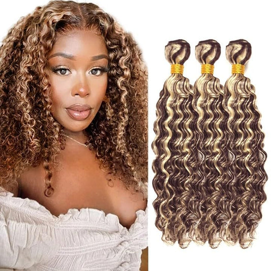 P4/613 Bundles Highlight Deep Wave Human Hair Bundles 8a Brazilian Virgin Hair Mixed Length 3 Bundles 8 10 12 Inch Two Tone Brown Mixed With Blonde Bundles Highlight Deep Wave Bundles