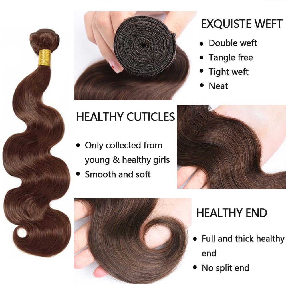 Chocolate Brown Bundles Human Hair Dark Brown Bundles Brown Body Wave Bundles Grade 8A Brazilian Virgin Hair 3 Bundles 20 22 24 Inch Color #4 Body Wave Bundles Brown Bundles